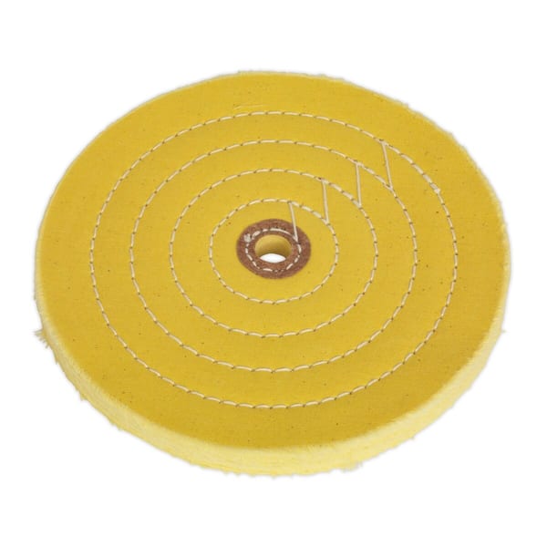 Yellow buffing wheel Ø200mm for bench grinder, 16mm bore, ideal for polishing and finishing surfaces.