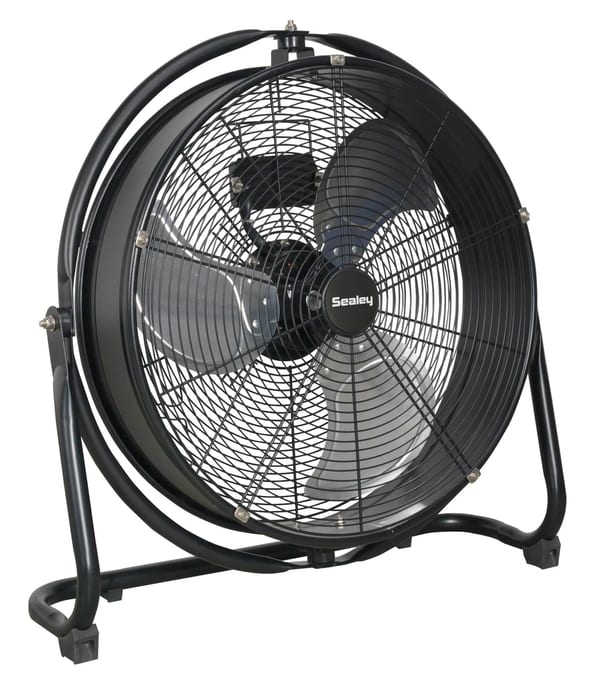 Industrial 20" high velocity orbital drum fan in black, ideal for heating and cooling applications.
