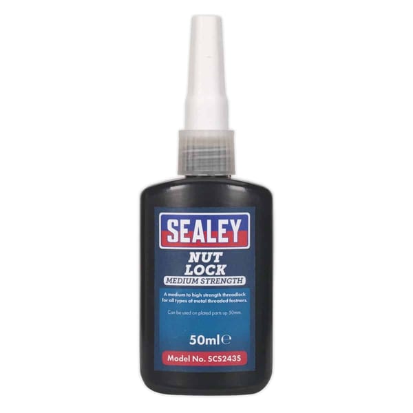 Sealey Nut Lock medium strength adhesive in a 50ml bottle, designed for securing metal threaded fasteners.