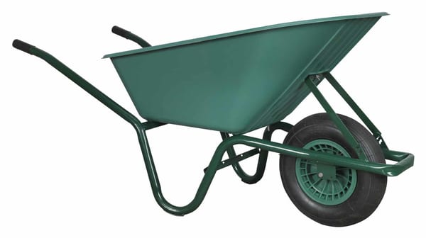 Green wheelbarrow featuring a single wheel and sturdy metal frame, ideal for transporting materials in gardens or construction sites.