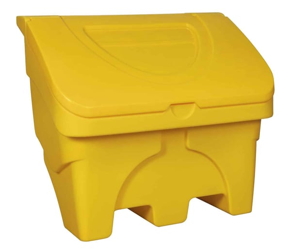 Yellow grit and salt storage box, 130 litres capacity, ideal for outdoor use.