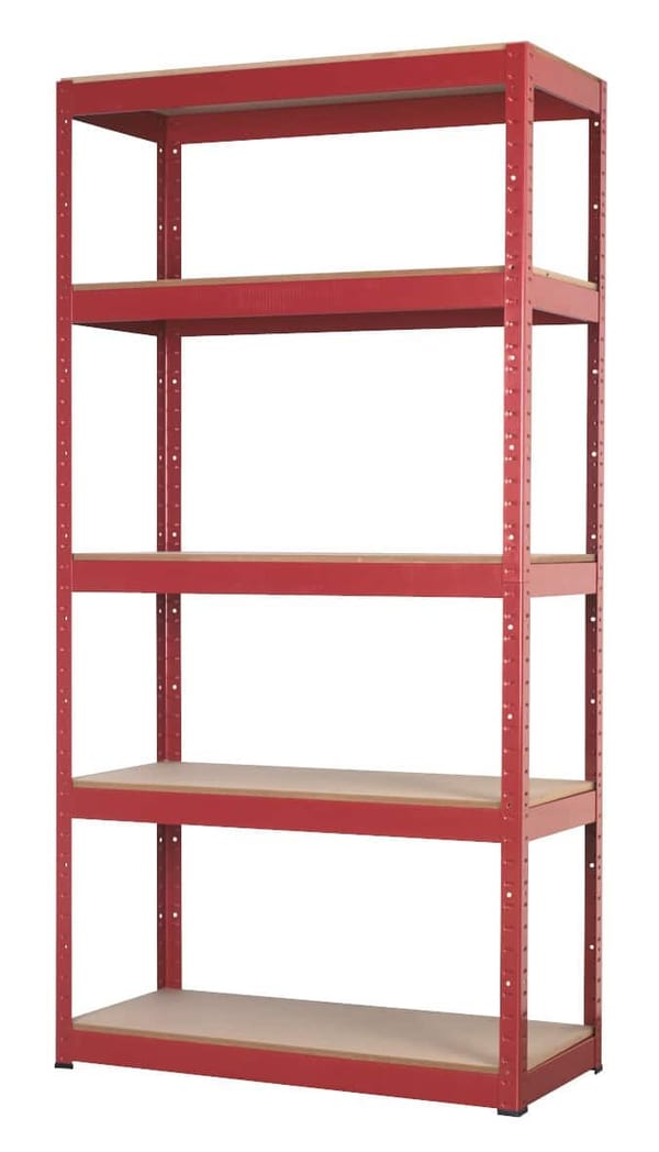Red racking unit with 5 shelves, 350kg capacity per level for storage solutions