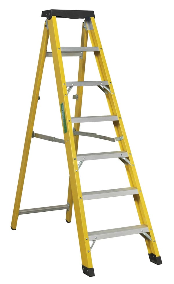 Fibreglass step ladder with 6 treads, EN 131 certified, ideal for outdoor and janitorial use.