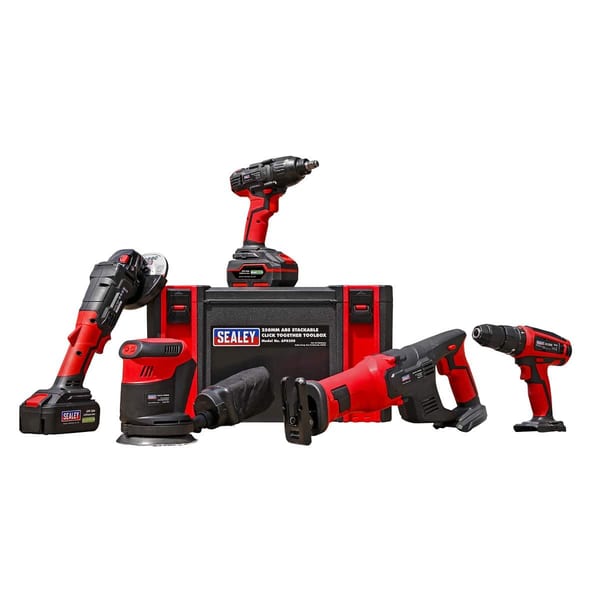 Sealey power tool set featuring a cordless drill, sander, impact wrench, and reciprocating saw in a sturdy carrying case.