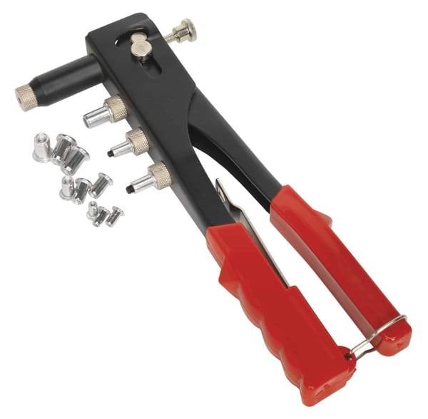 Threaded nut riveter with multiple nuts and ergonomic red grips for easy use in bodyshop and garage applications.
