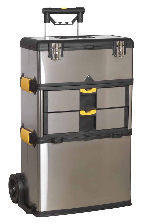 Mobile stainless steel and composite tool box with handle and wheels, 3 compartments for storage.