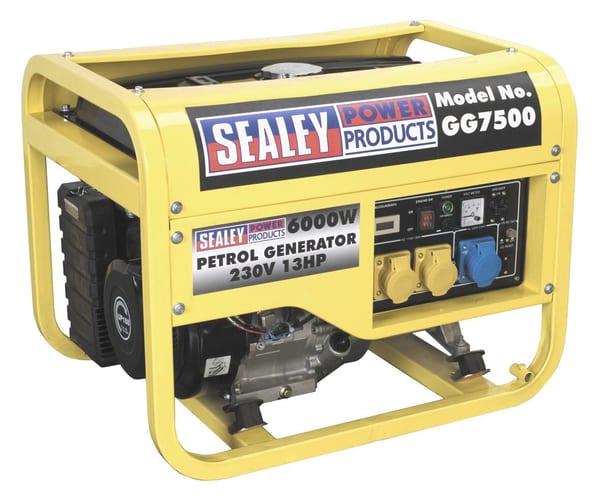 Sealey 6000W petrol generator with 13hp engine for 110/230V power supply.