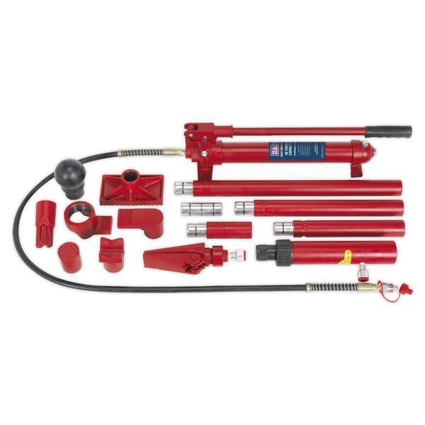 10-ton hydraulic body repair kit for garage and automotive use, featuring various attachments and tools.