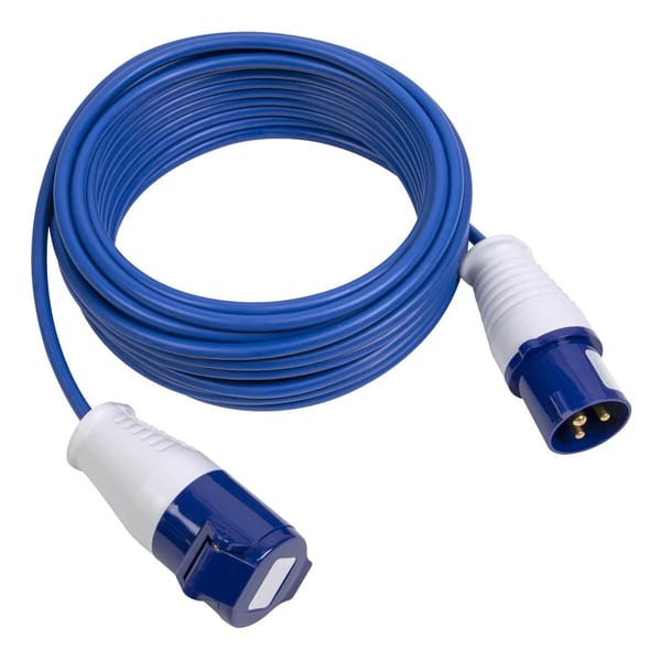 10-metre blue electrical extension cable with industrial connectors, suitable for heavy-duty use in various applications.