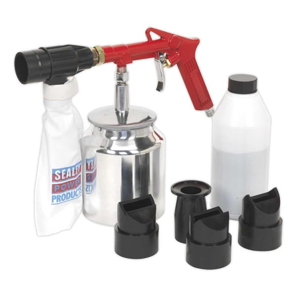 Sealant application kit featuring a spray gun, metal canister, and various nozzles for efficient sealing tasks.