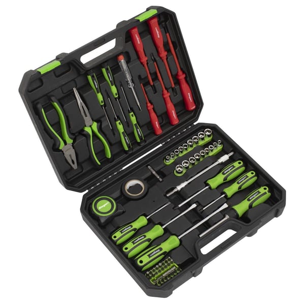 Comprehensive tool set featuring various hand tools including screwdrivers, pliers, and sockets in a sturdy case for easy storage.