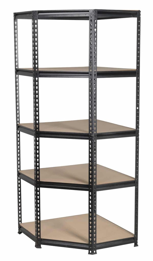 Corner racking unit with 5 levels, 150kg capacity per level, ideal for efficient storage.