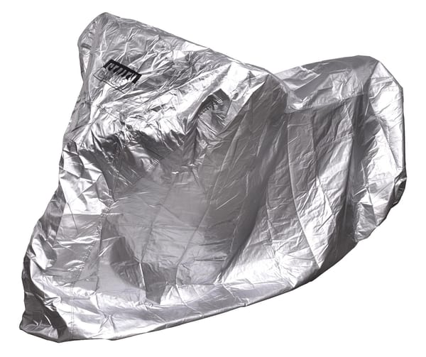 Large motorcycle cover, protective silver fabric, dimensions 2460 x 1050 x 1370mm
