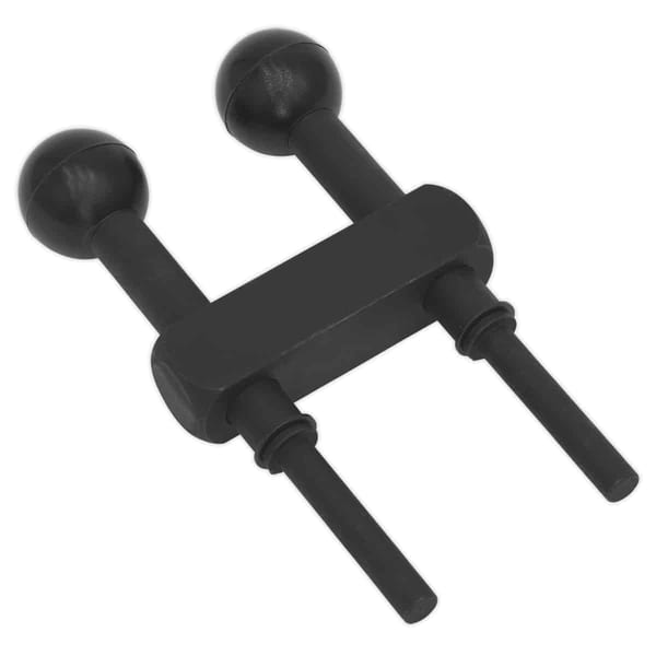 Black dual ball joint connector with two spherical ends and a central bar, suitable for various mechanical applications.