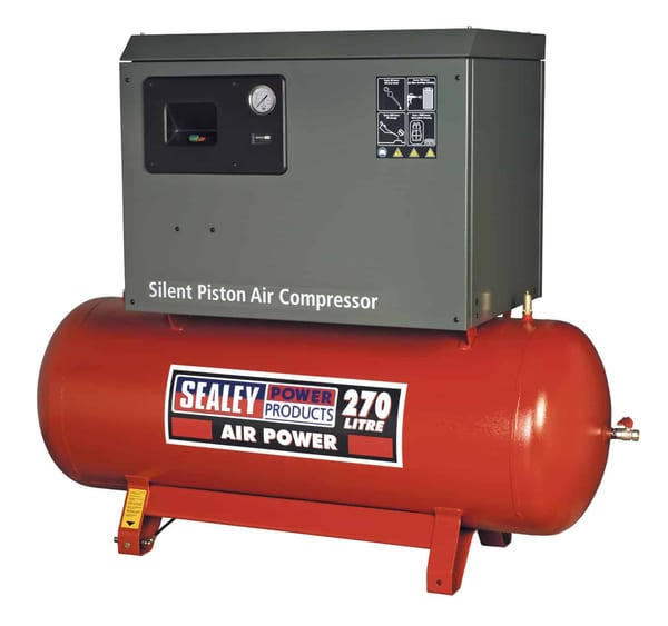 Sealey Silent Piston Air Compressor with 270 litre tank, designed for efficient air supply and reduced noise levels in various applications.