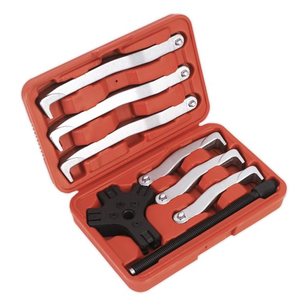 Fast Action Twin/Triple Leg Reversible Puller Set 8pc in storage case for vehicle service and workshop use.