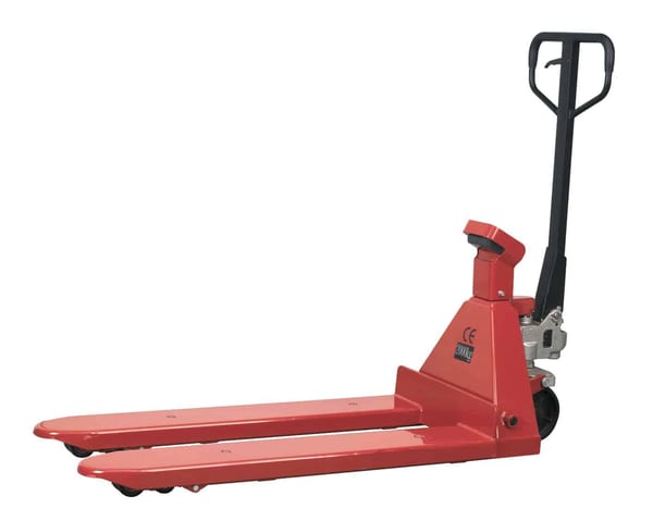 Red pallet truck with scales, 2000kg capacity, 1150 x 555mm for efficient material handling
