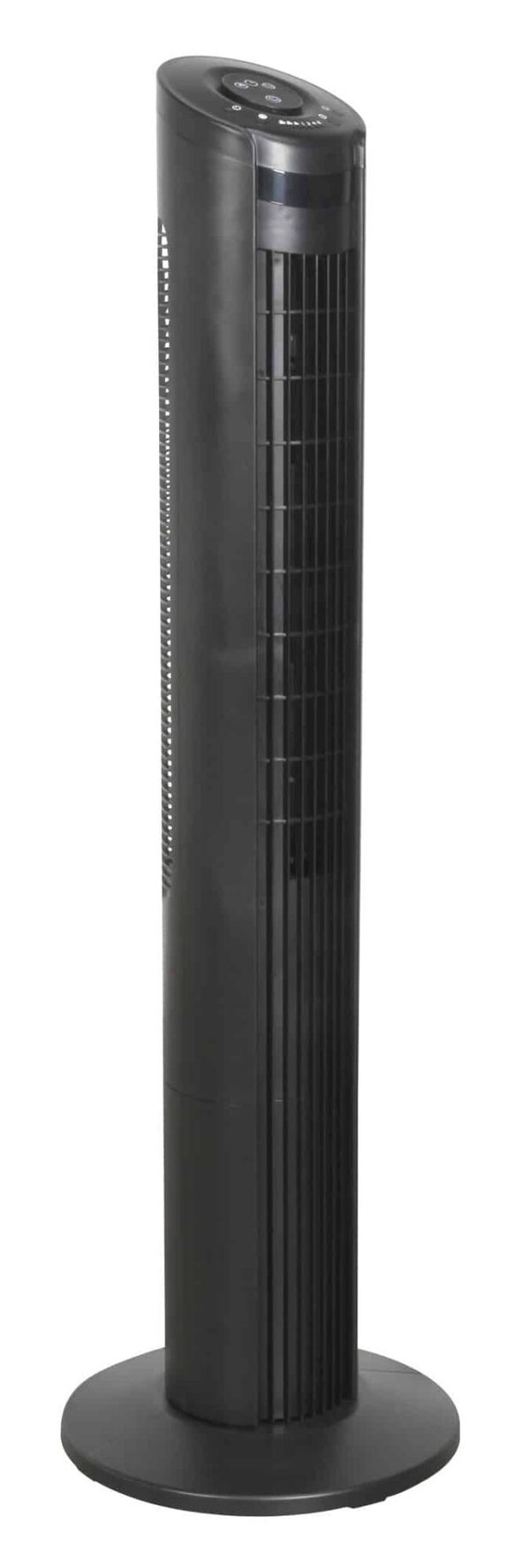Black tower fan with a sleek design, featuring multiple speed settings and a remote control for convenient operation.