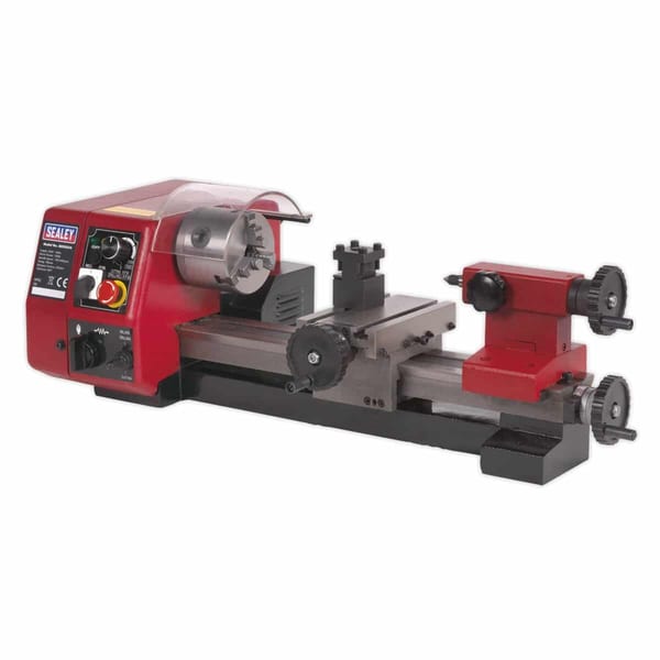 Sealey SM250P mini lathe machine with precision controls and robust build for metalworking tasks.