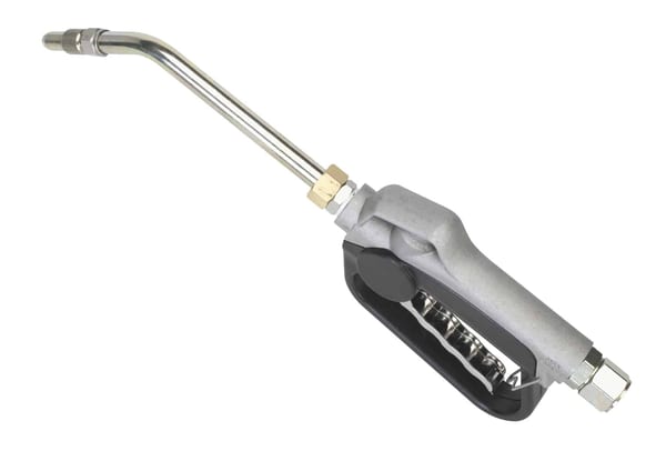 Oil hose end gun for lubrication and oil dispensing in garage and motoring applications.