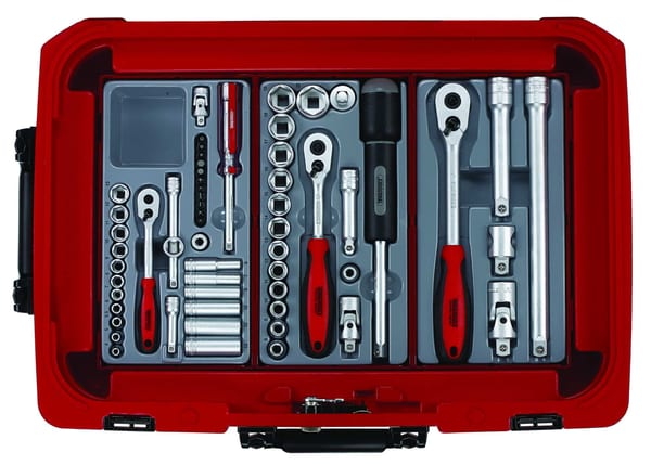 Service Case Tool Set No 1 with sockets, wrenches, and screwdriver in a red storage box.
