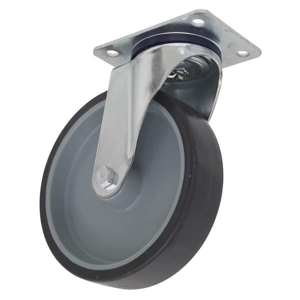 Heavy-duty swivel caster wheel with a grey rubber tyre and metal mounting plate, suitable for various applications.