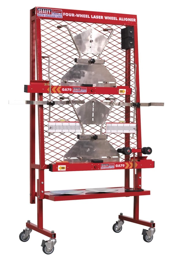 Four-wheel laser wheel aligner for precise vehicle alignment and service