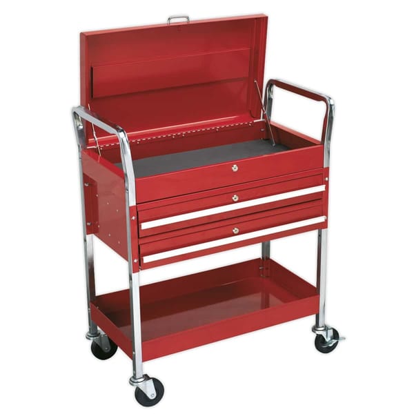 Heavy-duty 2-level tool trolley with lockable top and chrome handles for secure storage.