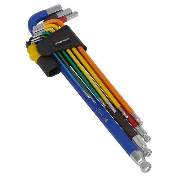 Premium hex key set featuring multiple sizes and colours, securely held in a compact holder for easy access and organisation.
