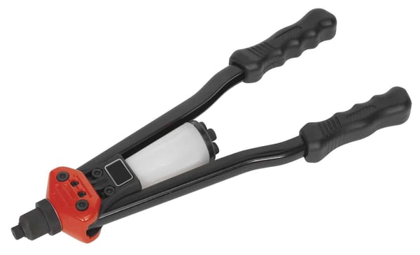 Medium-arm riveter with collection bowl for bodyshop and garage use.