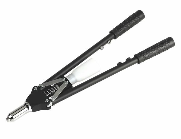 Heavy-duty long-arm riveter with collection bowl for bodyshop and garage use.