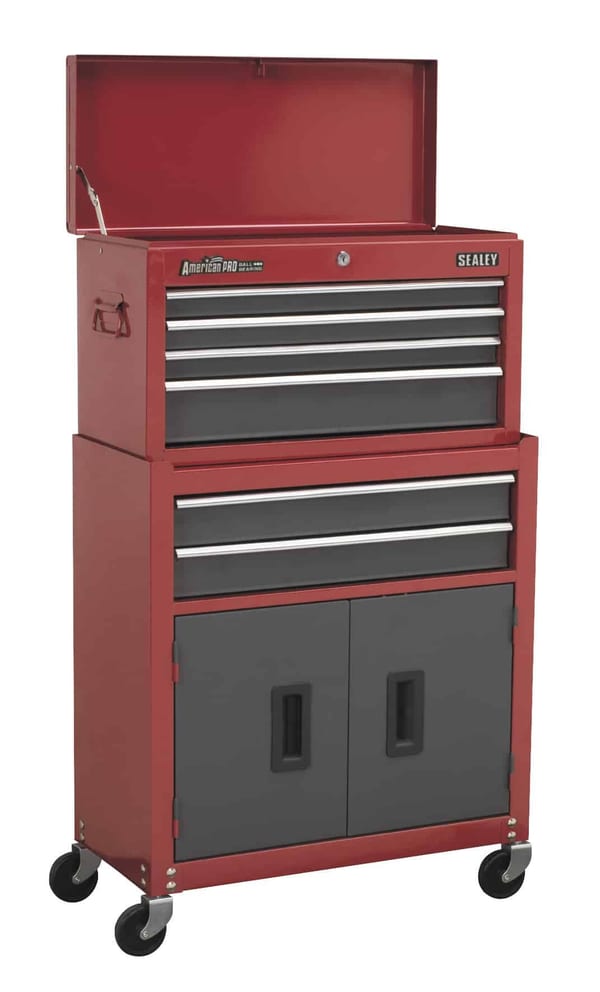 Topchest & Rollcab Combination 6 Drawer Tool Chest in Red/Grey with ball bearings