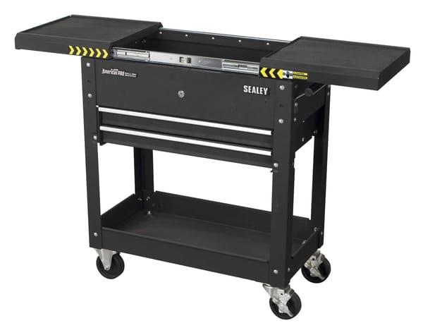 Mobile Tool & Parts Trolley - Black with drawers and expandable work surfaces.