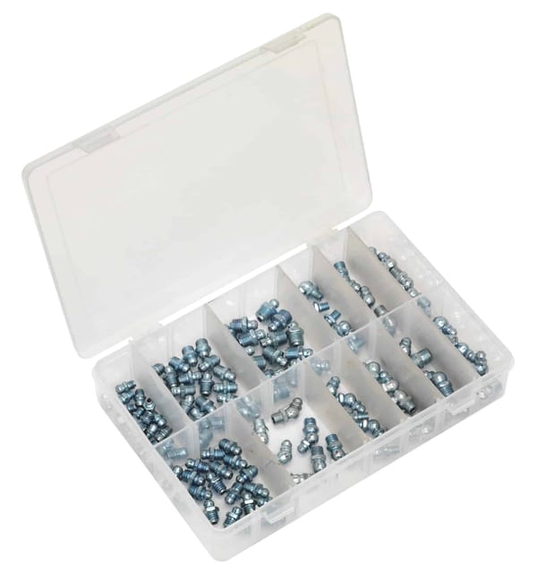 115pc metric grease nipple assortment in a clear storage case for workshop use.