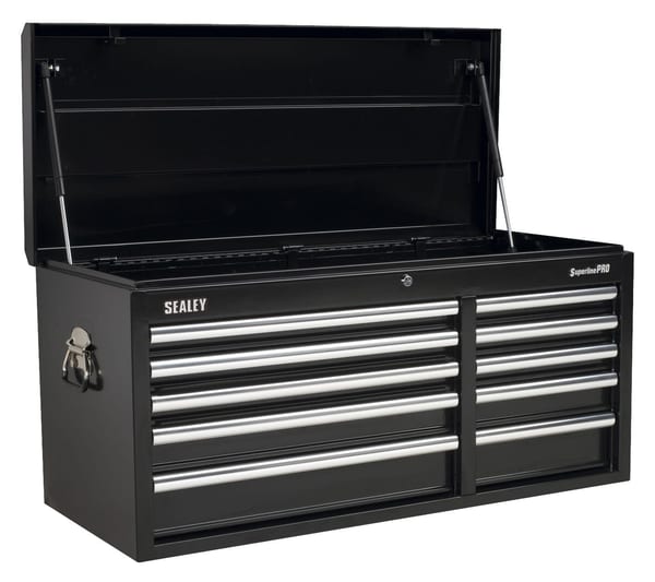 Heavy-duty black tool chest with 10 drawers and ball bearing runners for smooth operation.