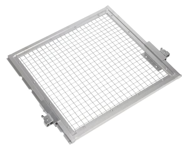 Metal grate frame with grid pattern designed for ventilation applications, featuring robust construction and secure mounting options.