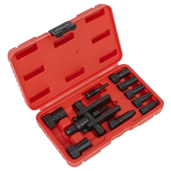Comprehensive tool set featuring various sizes of sockets and a puller tool, housed in a durable red storage case.