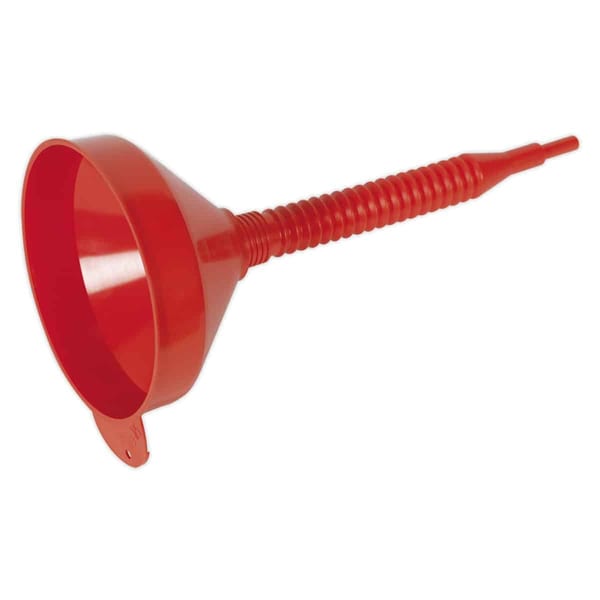 Medium 200mm funnel with fixed spout and filter for garage use.
