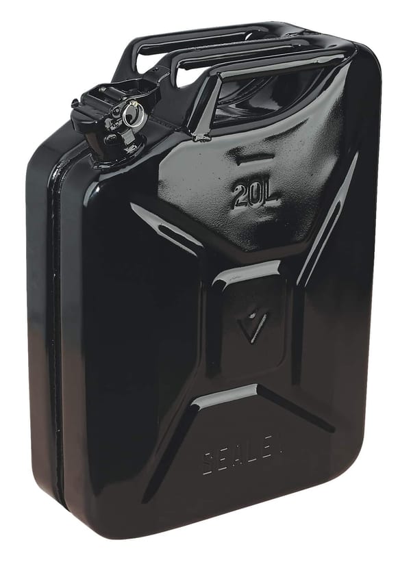 Jerry Can 20ltr in black for fuel storage, ideal for garage and motoring needs.
