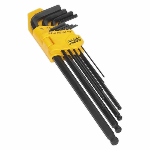 Hex key set featuring various sizes of L-shaped wrenches stored in a yellow holder, ideal for mechanical and DIY tasks.