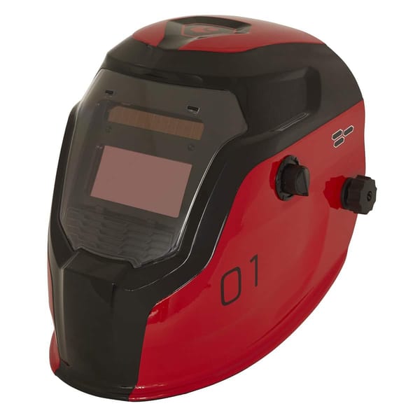 Red welding helmet featuring adjustable settings and a clear visor, designed for safety and precision in welding tasks.