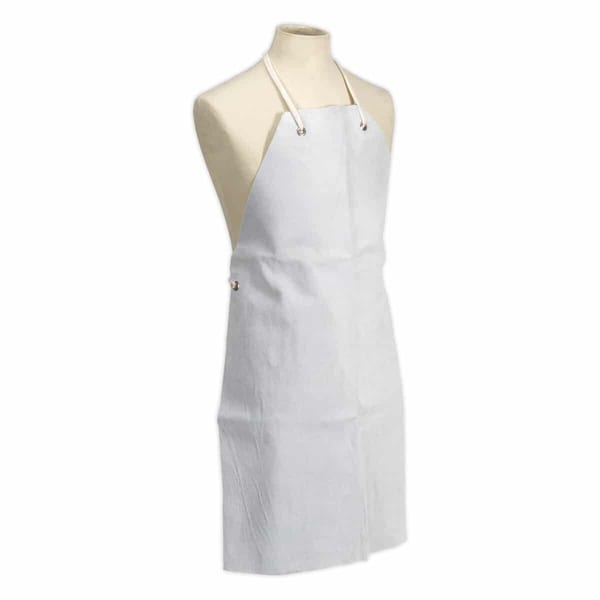 White cotton kitchen apron with adjustable neck and waist ties, suitable for cooking and baking tasks in the kitchen.