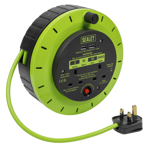 10m Cassette Type Cable Reel with Thermal Trip 2 x 230V & 2 x USB - Hi-Vis Green