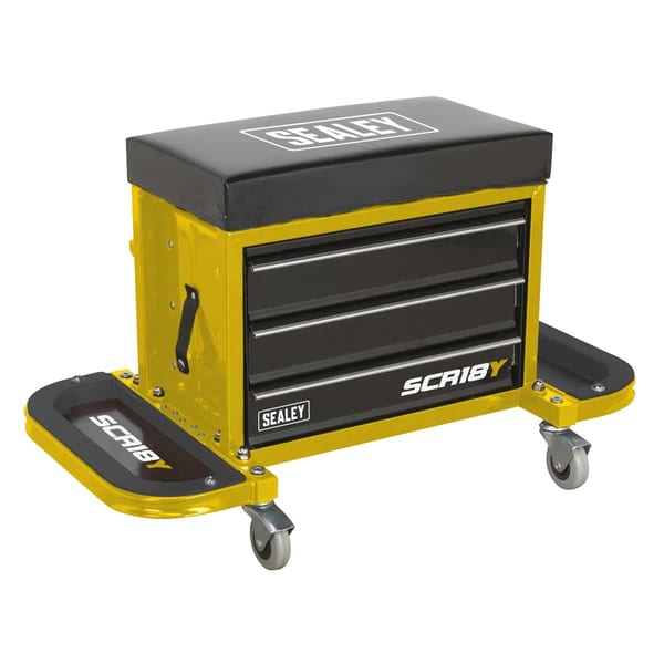 Sealey SCR18Y tool chest with a padded seat, featuring drawers and side trays for tool storage and organisation.