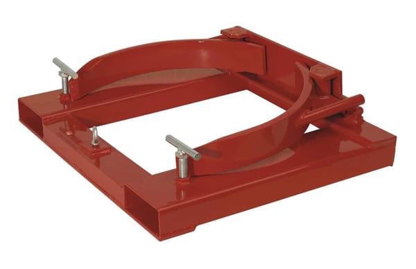 Forklift drum clamp for handling drums with a 350kg capacity.