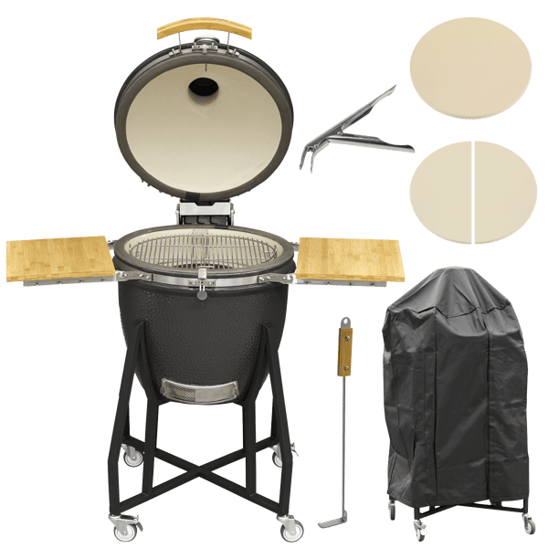 Deluxe 22"(56cm) Ceramic Kamado Style BBQ, Cover, Grid Gripper, Heat Deflector & Heat Deflector Support