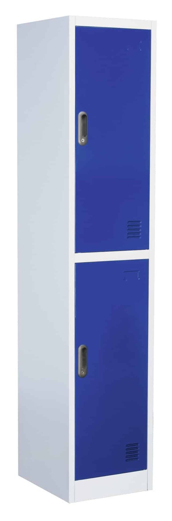 Two-door blue locker unit with white frame, suitable for storage in schools, gyms, and offices, featuring ventilation and secure locks.