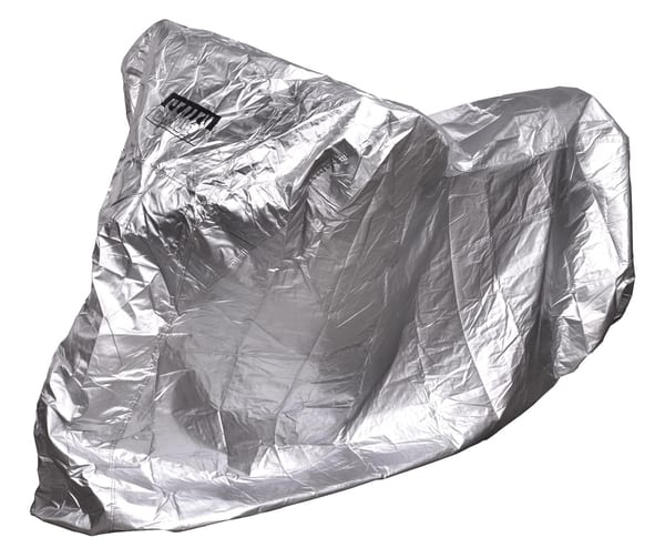 Durable motorcycle cover in silver, medium size 2320x1000x1350mm for protection.