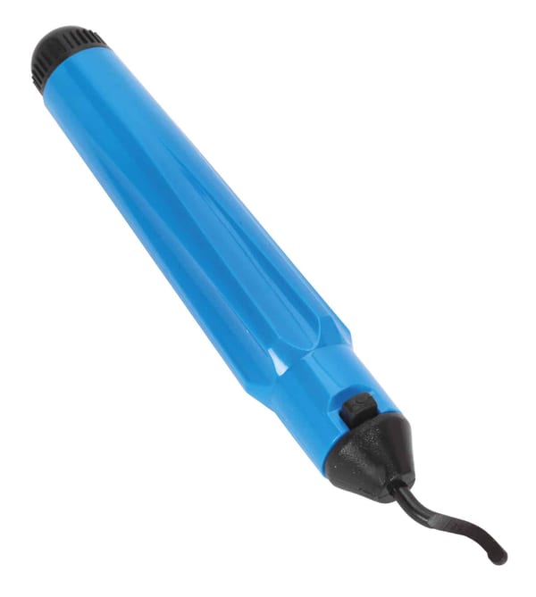 Blue deburring tool with spare blade for precision metal finishing