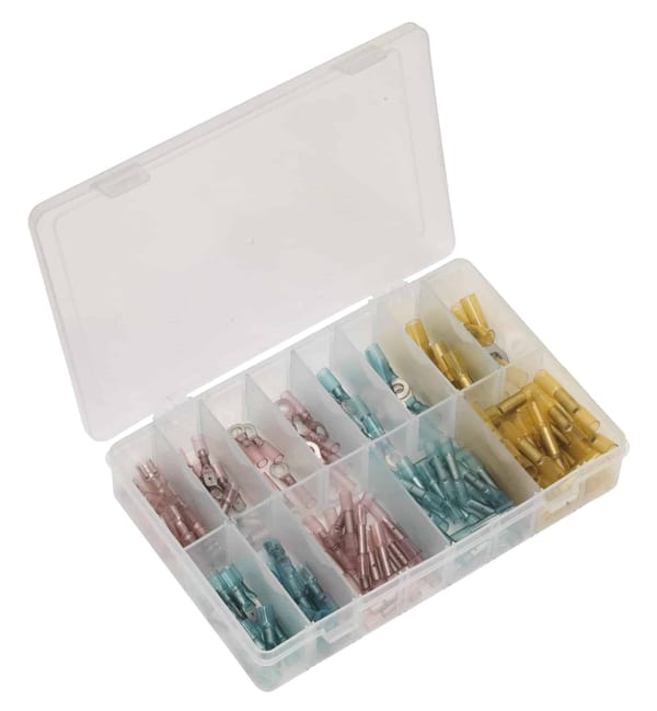 142pc adhesive lined heat shrink terminals assortment in a clear case.